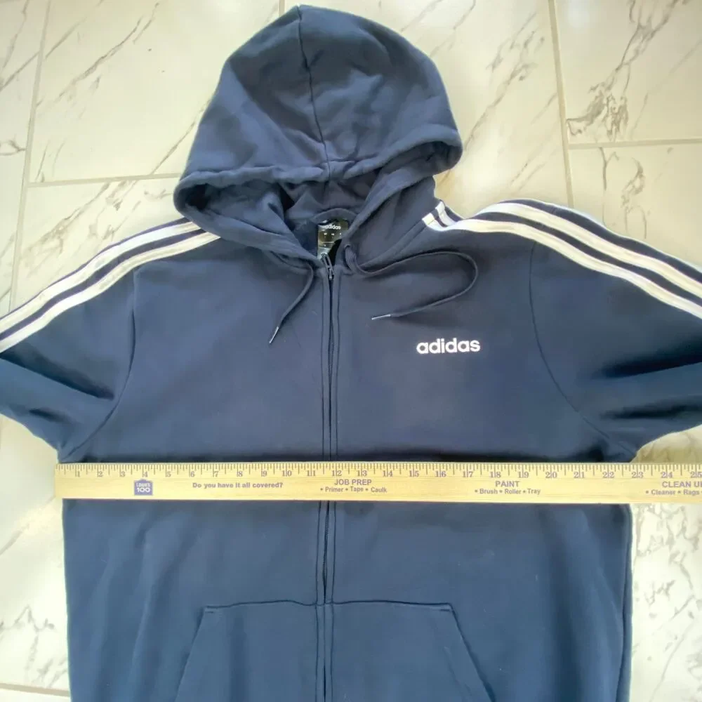 Adidas Men's L Navy Blue Full Zip Hooded Sweatshirt 3 Stripe Sleeves Hoodie Logo